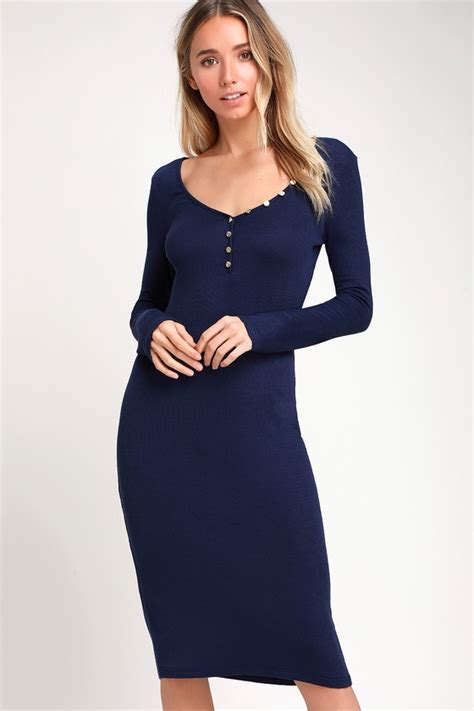 Cozy Navy Blue Dress Ribbed Knit Dress Midi Dress Bodycon Lulus