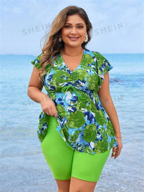SHEIN Swim Lushore Summer Beach Plus Size Floral Ruffled Bikini Set Carnival SHEIN USA