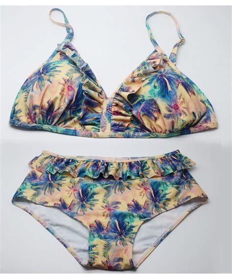 Womens Strap Bathing Suit Coconut Tree Print Ruffle Bikini Set Multicolor C CCOYD K
