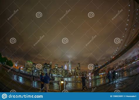 Manhattan and Brooklyn Bridge Night View and the People Editorial Photo ...