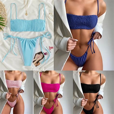 Fashion Sexy Bikini Split Two Piece Swimsuit Open Back Swimsuit Drawstring Strap Bikini