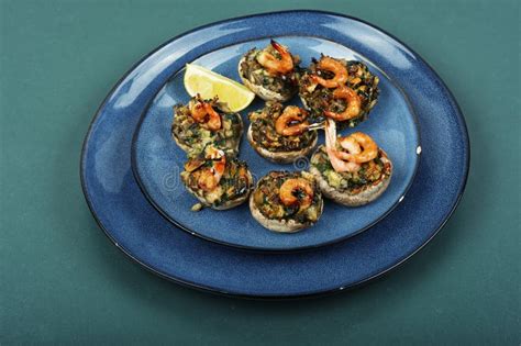 Baked Stuffed Mushroom Caps with Prawns Stock Photo - Image of snack