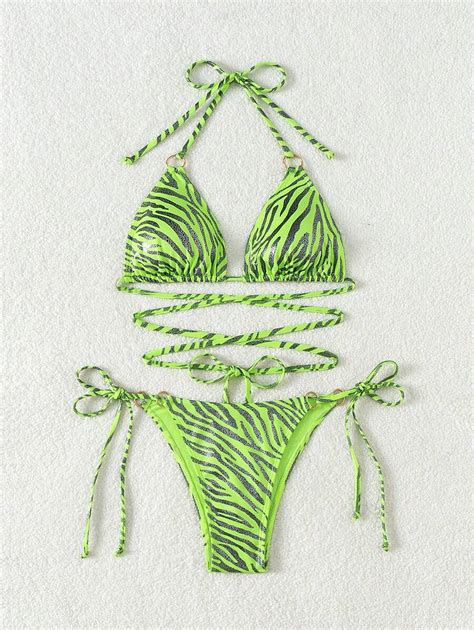 Women S Zebra Print Halter Neck Bikini Swimsuit Made Of Special Material SHEIN USA