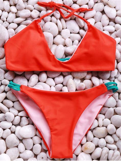 Off Halter Neck Contrast Bikini Set In Orange Zaful