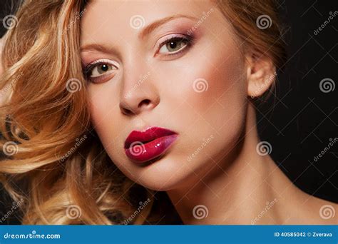 Beauty Woman Portrait Professional Makeup For Blonde Red Lipstick Beautiful Fashion Model