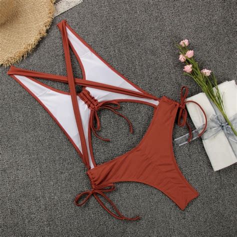 Piece Women s Swimsuit Sexy Backless Slim Bikini Summer Bathing Suit M Caramel Color بالجملة