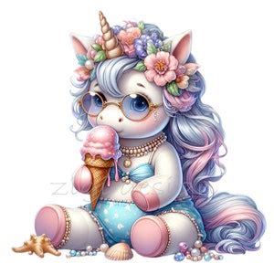Unicorn In Bikini Eating Ice Cream Digital Clipart Png Adorable Summer Themed Unicorn With