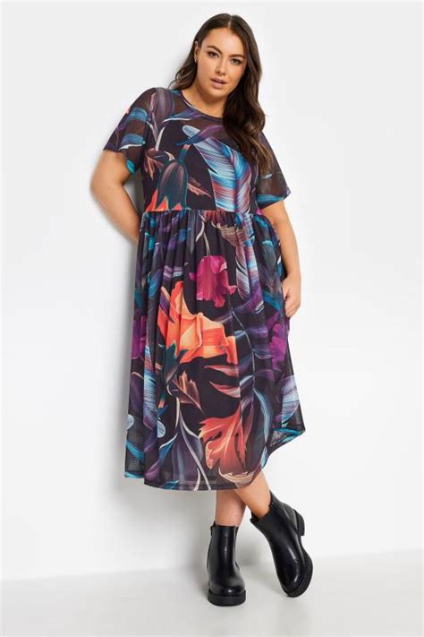 Yours Plus Size Pink Abstract Floral Print Mesh Smock Dress Yours