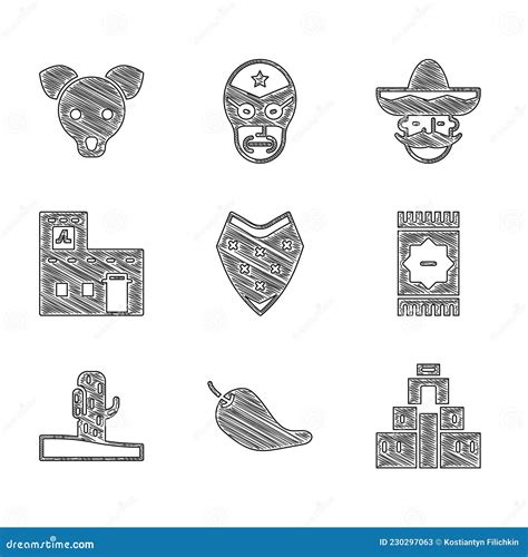 Set Poncho Hot Chili Pepper Pod Chichen Itza In Mayan Mexican Carpet Cactus House Man