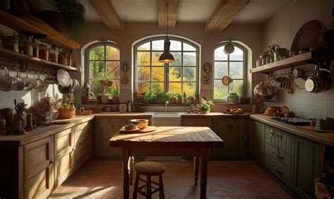 Premium Ai Image A Kitchen With A Table And A Window With A View Of