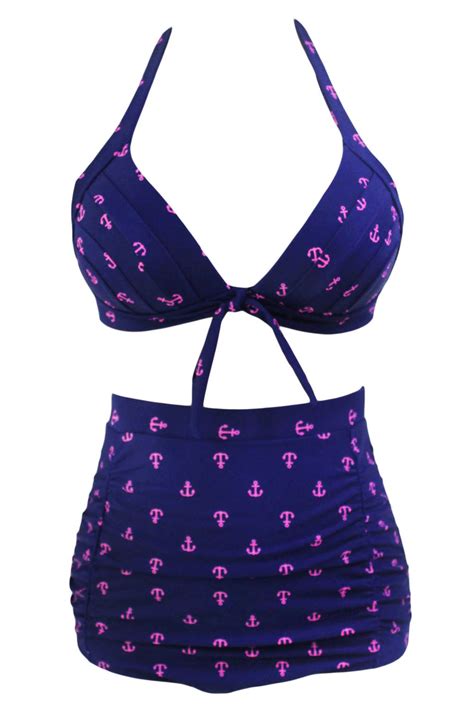 Maillot De Bain Bikini Taille Haute Bleu Ancres Marines