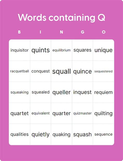 Words Containing Q Bingo Card Creator