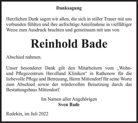 Traueranzeigen Von Reinhold Bade Abschied Nehmen De