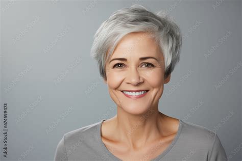 Portrait Of A Radiant Mature Woman With Gray Hair Beaming With