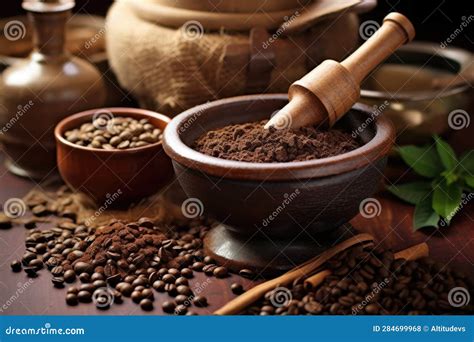 Coffee Beans with Mortar and Pestle for Grinding Stock Illustration ...