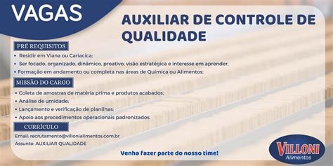 VILLONI CONTRATA AUXILIAR DE CONTROLE DE QUALIDADE