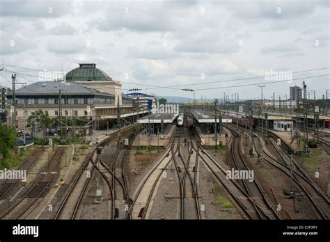 A view from bridge looking towards Mannheim, Germany main railway ...
