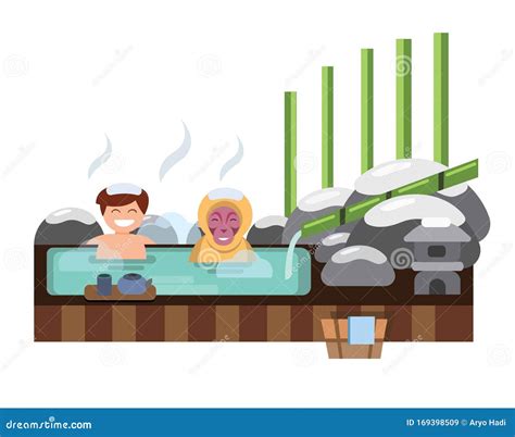 Man And Monkey Soaking In Traditional Hot Spring Illustration Concept Vector Stock Vector