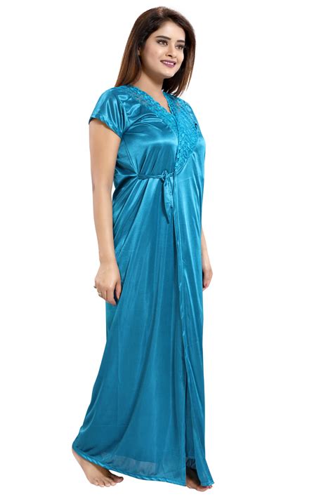 Buy Be You Teal Blue Solid Lace Satin Women Nightwear Set Robe Nighty Lingerie Set
