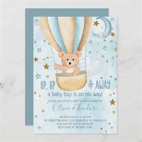 Watercolor Hot Air Balloon Bear Boy Baby Shower In Invitation Zazzle
