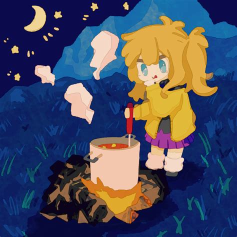 Safebooru 1girl Absurdres Antenna Hair Black Shirt Blonde Hair Blue Eyes Campfire Cardigan