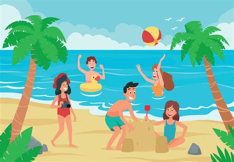 Kids beach. Happy childrens fun on sea shore sand beach, children