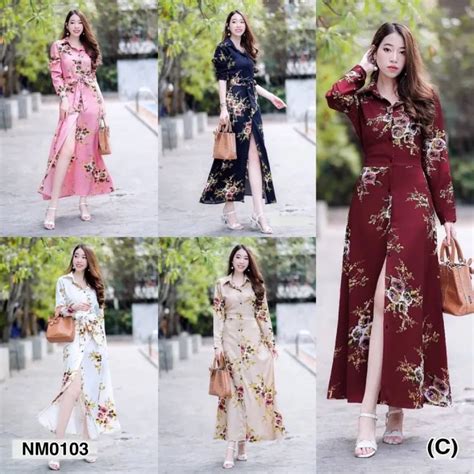 🍒🍒 NM0103เดรสเชิ้ตยาว👗👗👗ติดกระดุมหน้า มีเชือกผูกเอว เนื้อผ้าโฟเวย์พิมพ์ ...