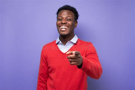 Laughing Young African American Man Pointing Index Finger On Camera Stock Image Image Of Face