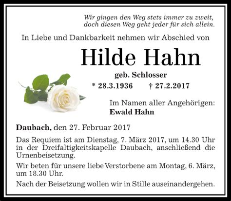 Traueranzeigen Von Hilde Hahn Rz Trauer De