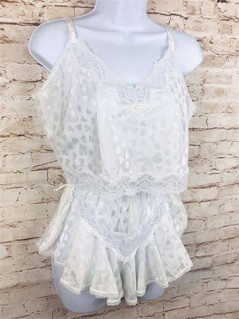 Vintage Lingerie Camisole Cami Teddy Set White Hearts Gem