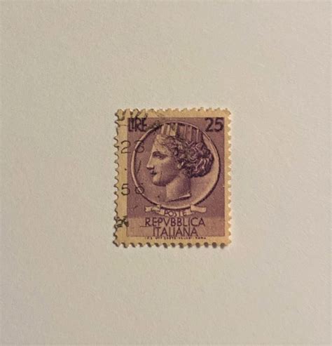 Italian 25 Lira Stamp Italy 1953 Serie Siracusana Light Cancel Purple