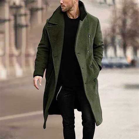 symoid mens trench coats long sleeve button  fall fashion wool pea