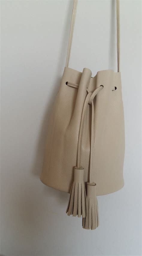 Nude Bucket Bag With Tassels Beize Leather Bucket Bag Cowhide Leather Bucket Etsy