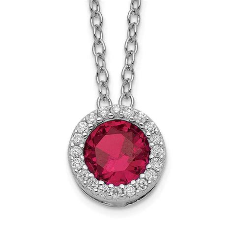 Sterling Silver Cheryl M Rhod Pltd Cr Ruby CZ Round Halo Necklace