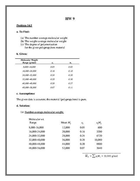 Molecular Weight Of Polymers Hw 9 Problem 14 A To Find A The Number Average Molecular