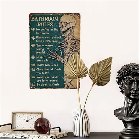 1pc Metal Aluminum Tin Sign Bathroom Rules Skeleton Vertical Wall Art