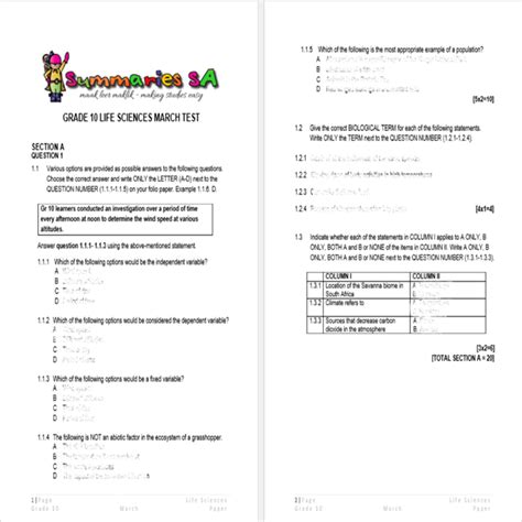 Grade Life Sciences Ls March Paper And Memo Classroom