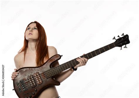 Sexy Nude Rock Woman Playing On Electric Guitar On A White Background Free Space For Text
