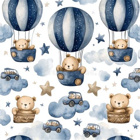 A Continuous Pattern With A Cute Baby Elephant Floating In A Hot Air Balloon And A Nostalgic