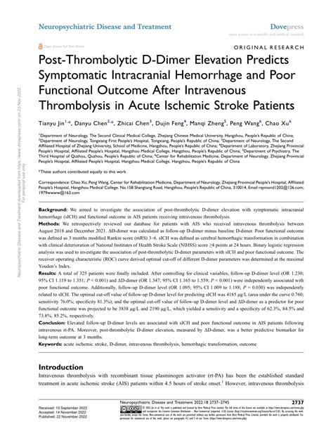 Pdf Post Thrombolytic D Dimer Elevation Predicts Symptomatic