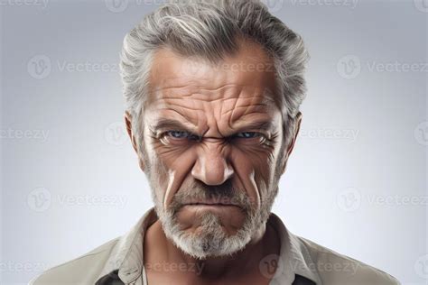 AI Generated Angry Mature Caucasian Man Head And Shoulders Portrait On White Background Neural
