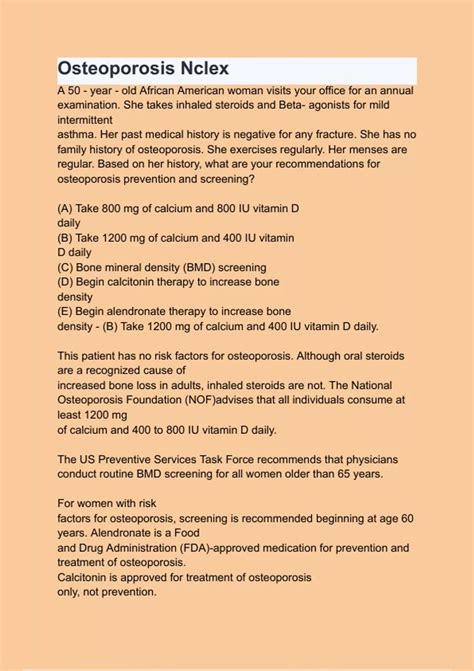 Osteoporosis Nclex Questions With Explanations Of Answers Latest Update