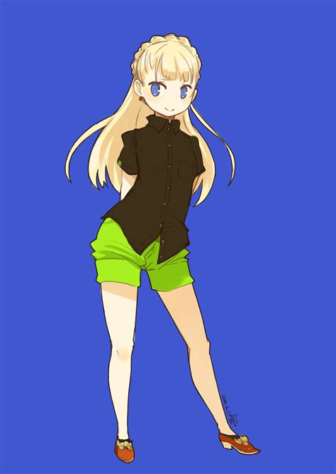 The Big ImageBoard TBIB 1girl Arms Behind Back Black Shirt Blonde Hair Blue Background