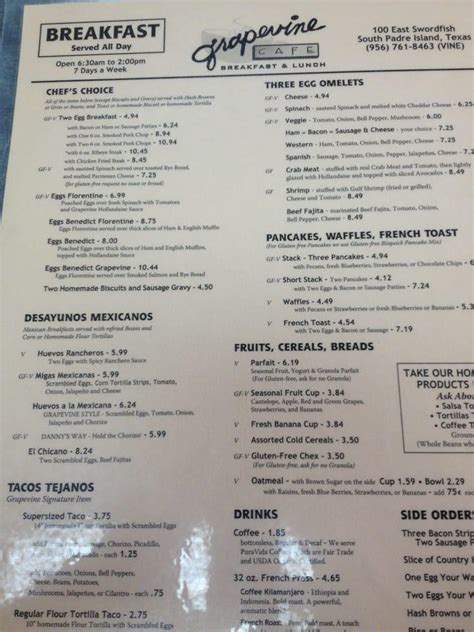 Menu at Grapevine Cafe, South Padre Island