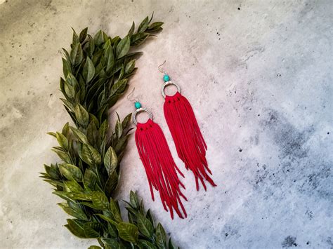 Boho Western Red Leather Fringe Earrings Fringe Leather Etsy