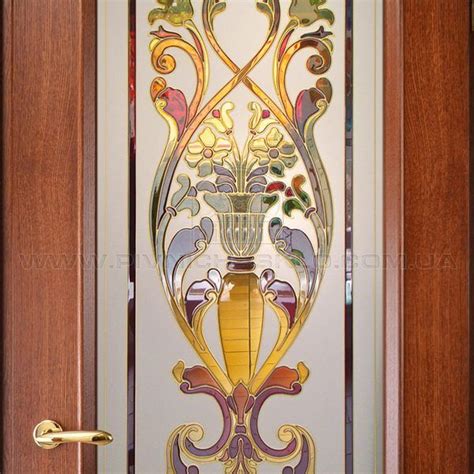 the glass door is decorated with flowers and leaves in gold, purple ...