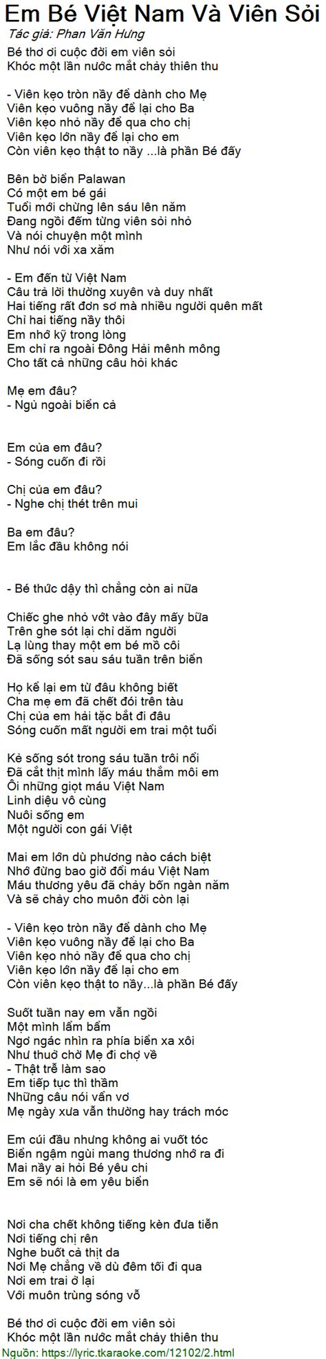 Lời bài hát Em Bé Việt Nam Và Viên Sỏi (Phan Văn Hưng) [có nhạc nghe]