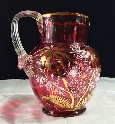 Victorian Ruby Glass Jug Enamelled Flowers Moser Circa 1890 Moorabool Antiques Galleries