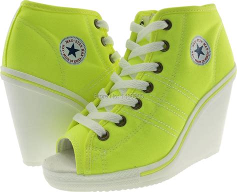 Maxstar 777 Toe Open Side Zipper Canvas Wedge Heels Shoes Neon Green-in ...