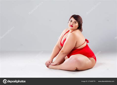 Plus Size Model In Red Lingerie Fat Woman In Underwear On Gray Background Body Positive
